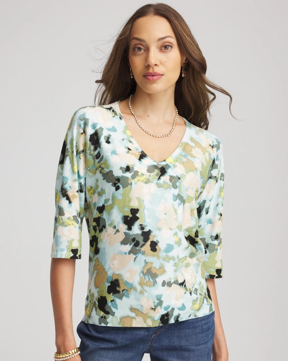 Chico's Sale Blue Menthe Printed Dolman V-Neck Pullover Sweater