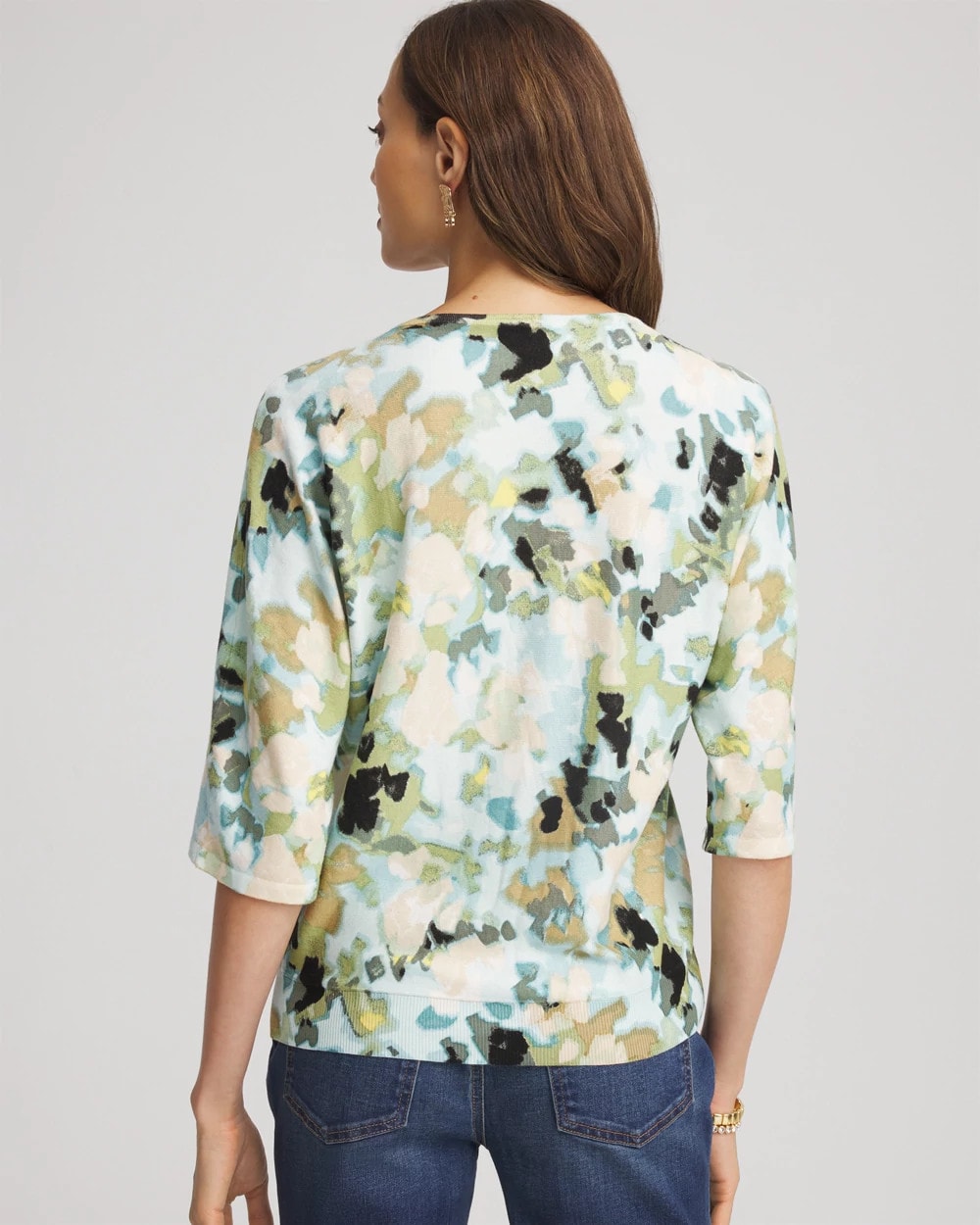 Chico's Sale Blue Menthe Printed Dolman V-Neck Pullover Sweater