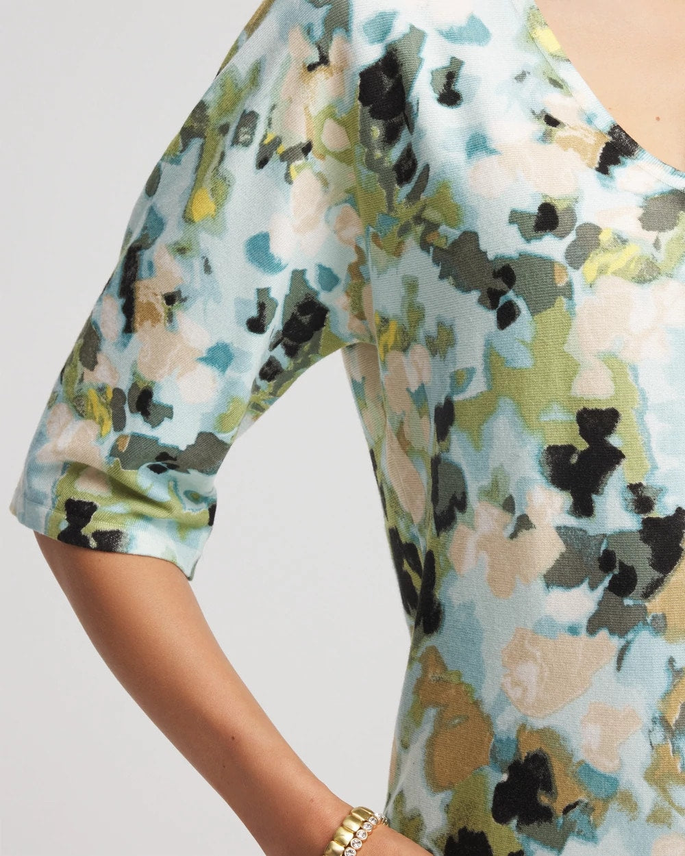 Chico's Sale Blue Menthe Printed Dolman V-Neck Pullover Sweater