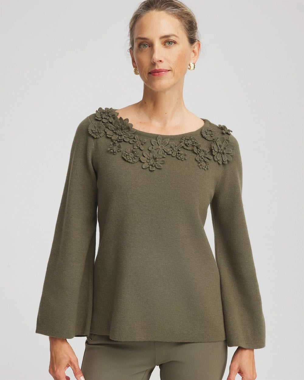 Chico's Outlet Nettle Leaf Appliqué Flared-Sleeve Sweater