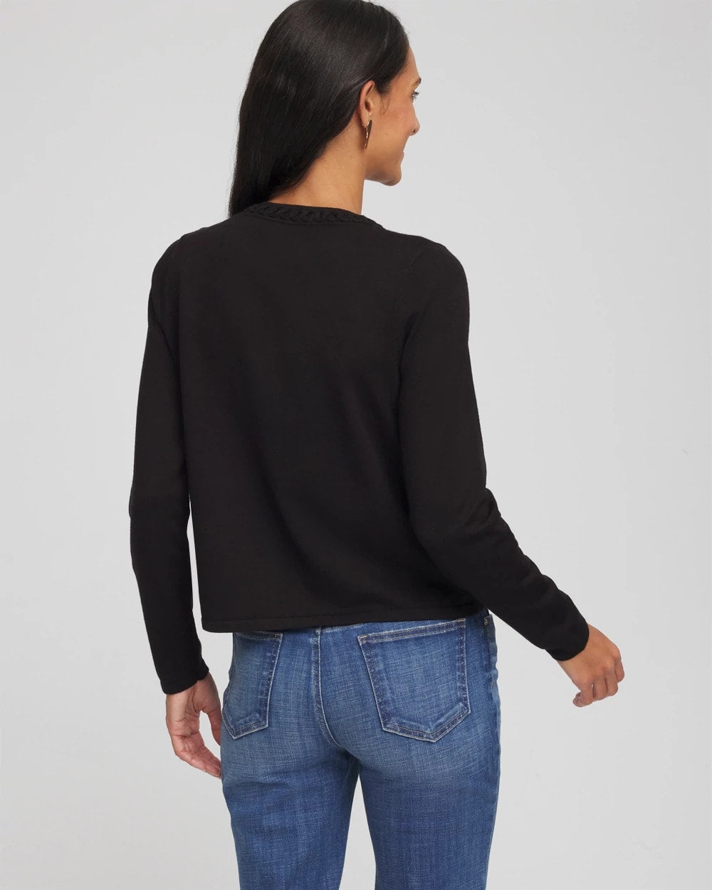 Chico's Discount Black V-Day Embroidered Crewneck Cardigan