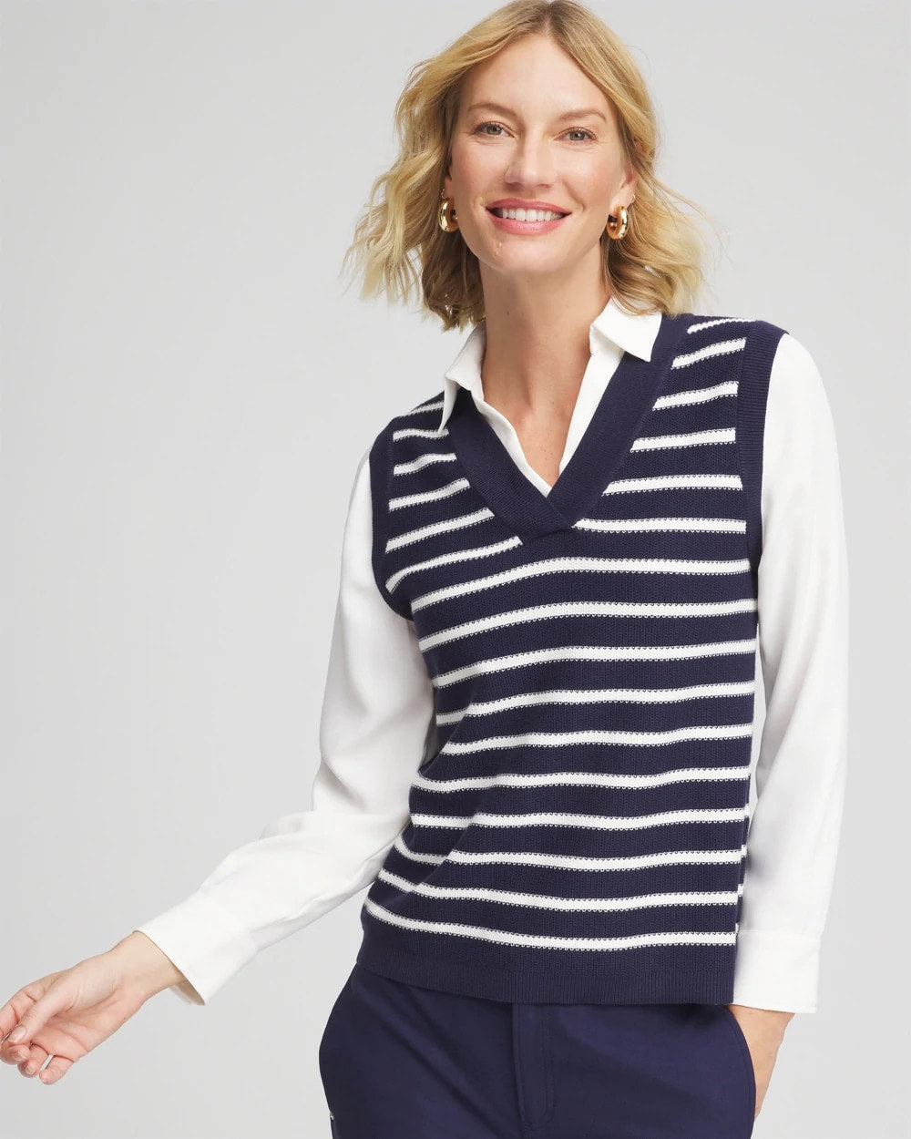Chico's Outlet Passport Blue Striped V-Neck 2 in 1 Sweater Vest