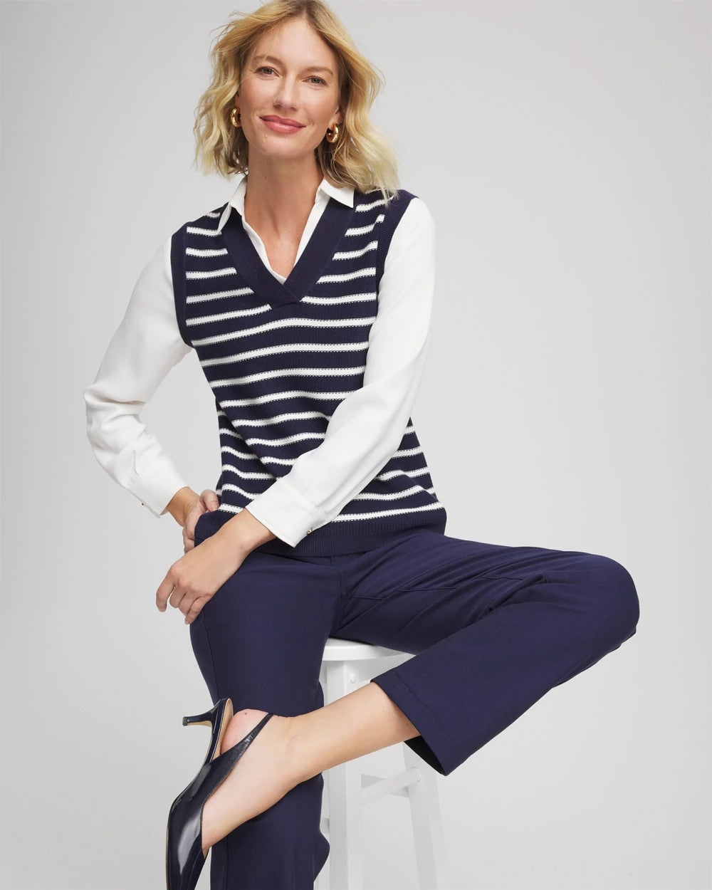 Chico's Outlet Passport Blue Striped V-Neck 2 in 1 Sweater Vest