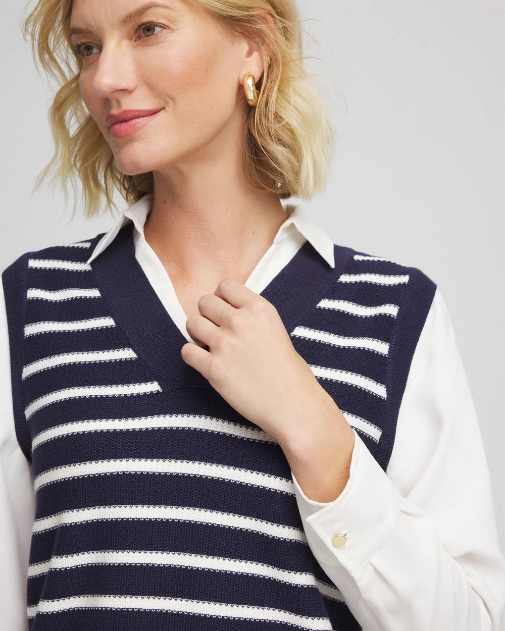Chico's Outlet Passport Blue Striped V-Neck 2 in 1 Sweater Vest
