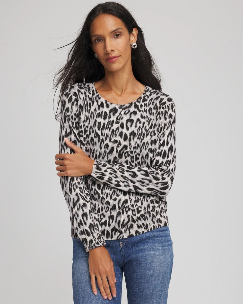 Chico's Outlet English Cream Animal Crewneck Cardigan