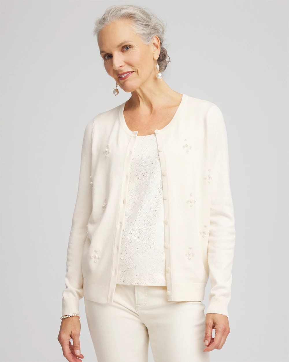 Chico's On Sale English Cream Embellished Crewneck Cardigan