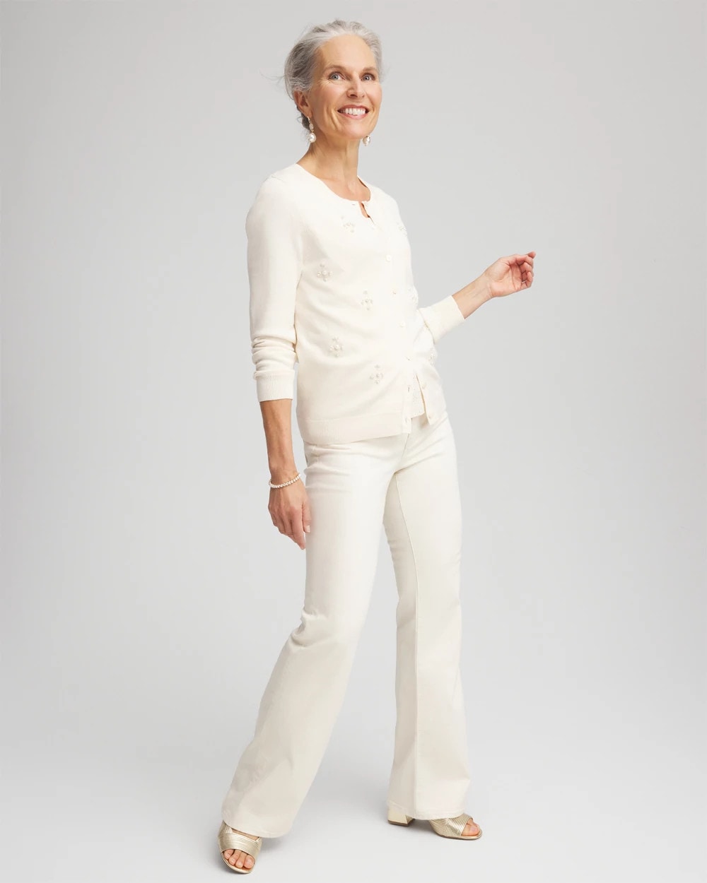 Chico's On Sale English Cream Embellished Crewneck Cardigan