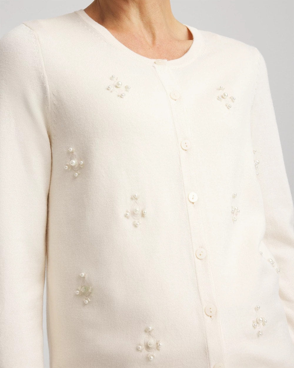 Chico's On Sale English Cream Embellished Crewneck Cardigan