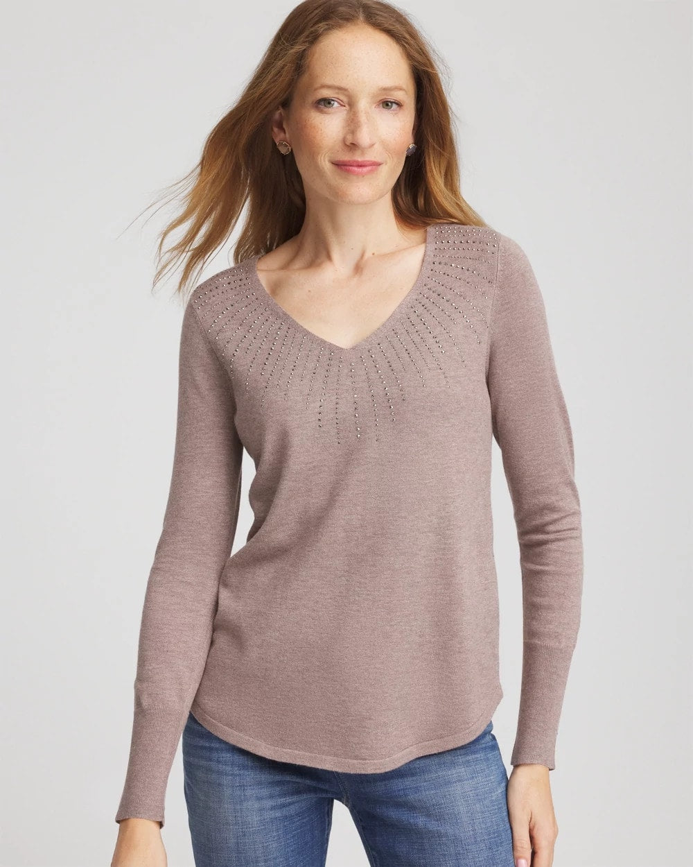 Chico's Online Taupe Heather Ella Embellished V-Neck Sweater