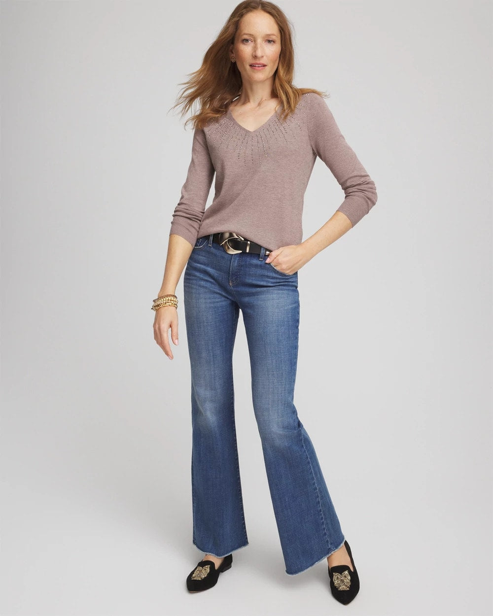 Chico's Online Taupe Heather Ella Embellished V-Neck Sweater