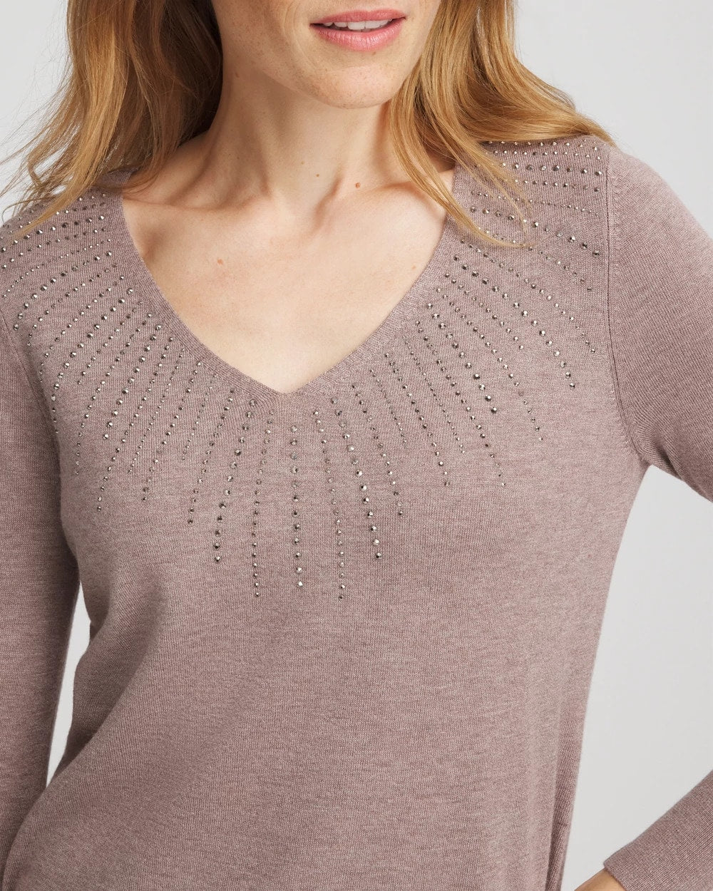 Chico's Online Taupe Heather Ella Embellished V-Neck Sweater