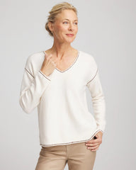 Chico's Discount English Cream Contrast Stitch V-Neck Sweater