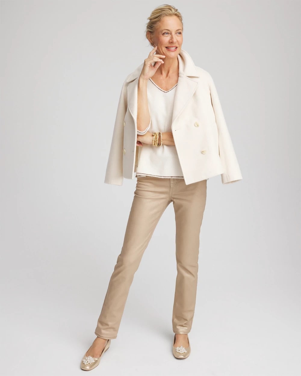 Chico's Discount English Cream Contrast Stitch V-Neck Sweater