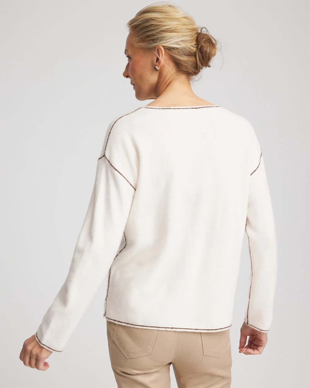 Chico's Discount English Cream Contrast Stitch V-Neck Sweater