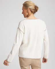 Chico's Discount English Cream Contrast Stitch V-Neck Sweater