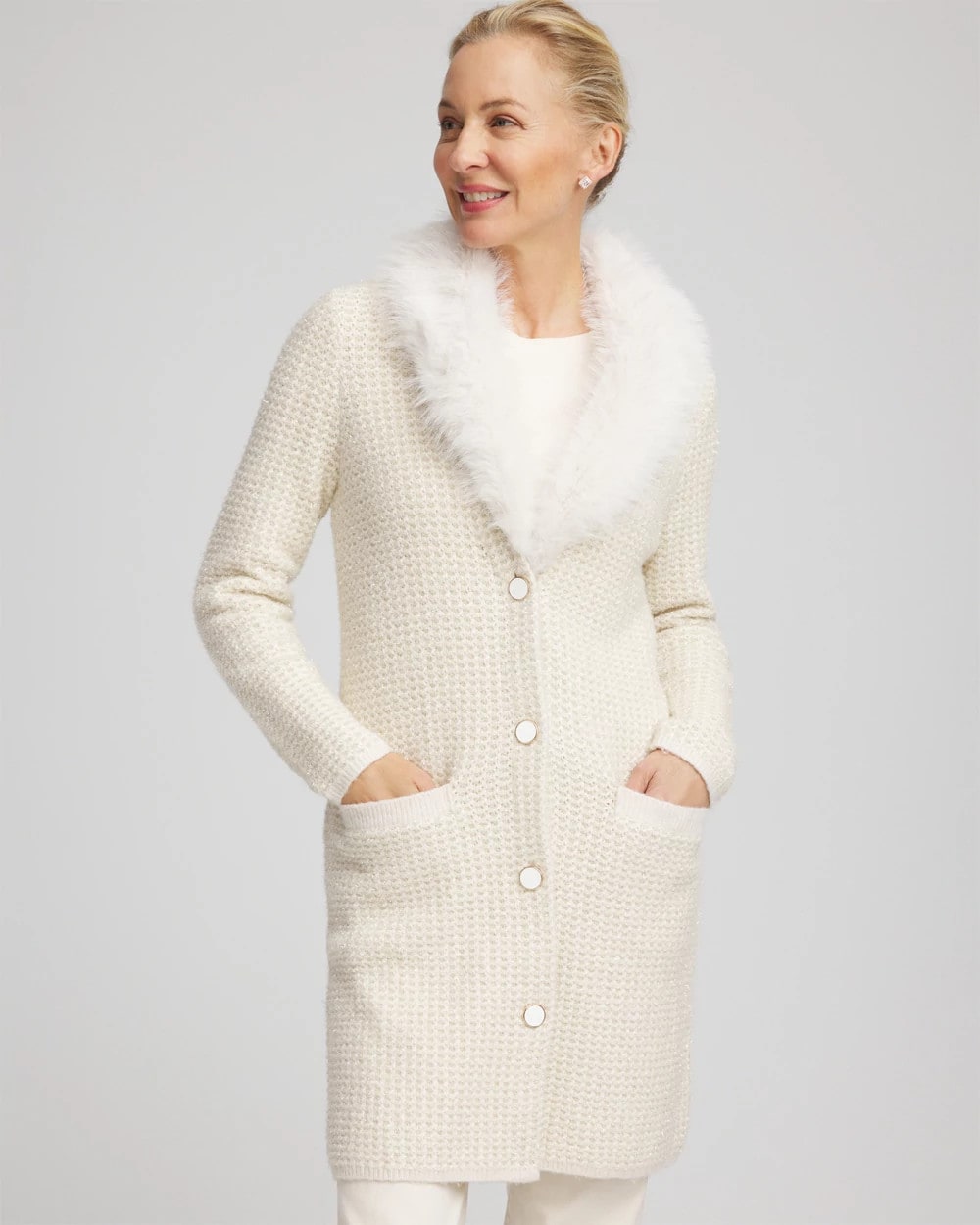 Chico's Sale English Cream Fur Trim Cardigan