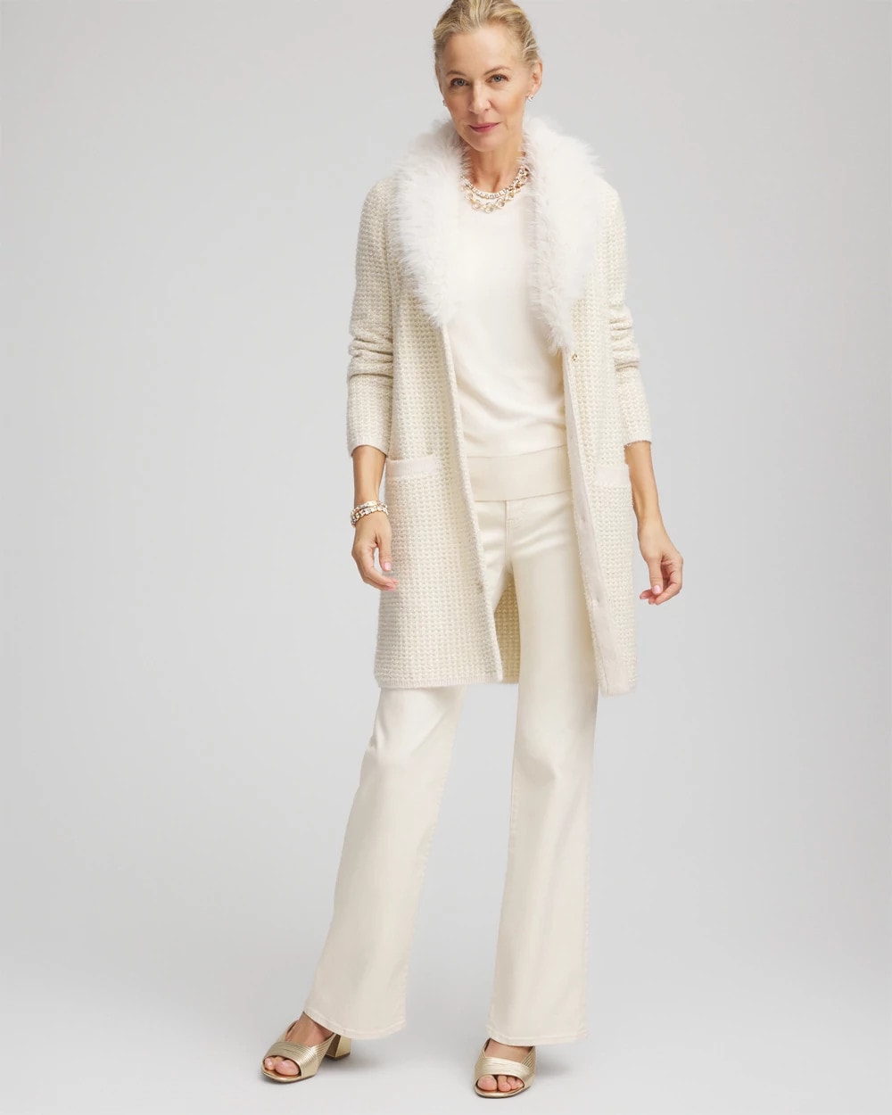 Chico's Sale English Cream Fur Trim Cardigan