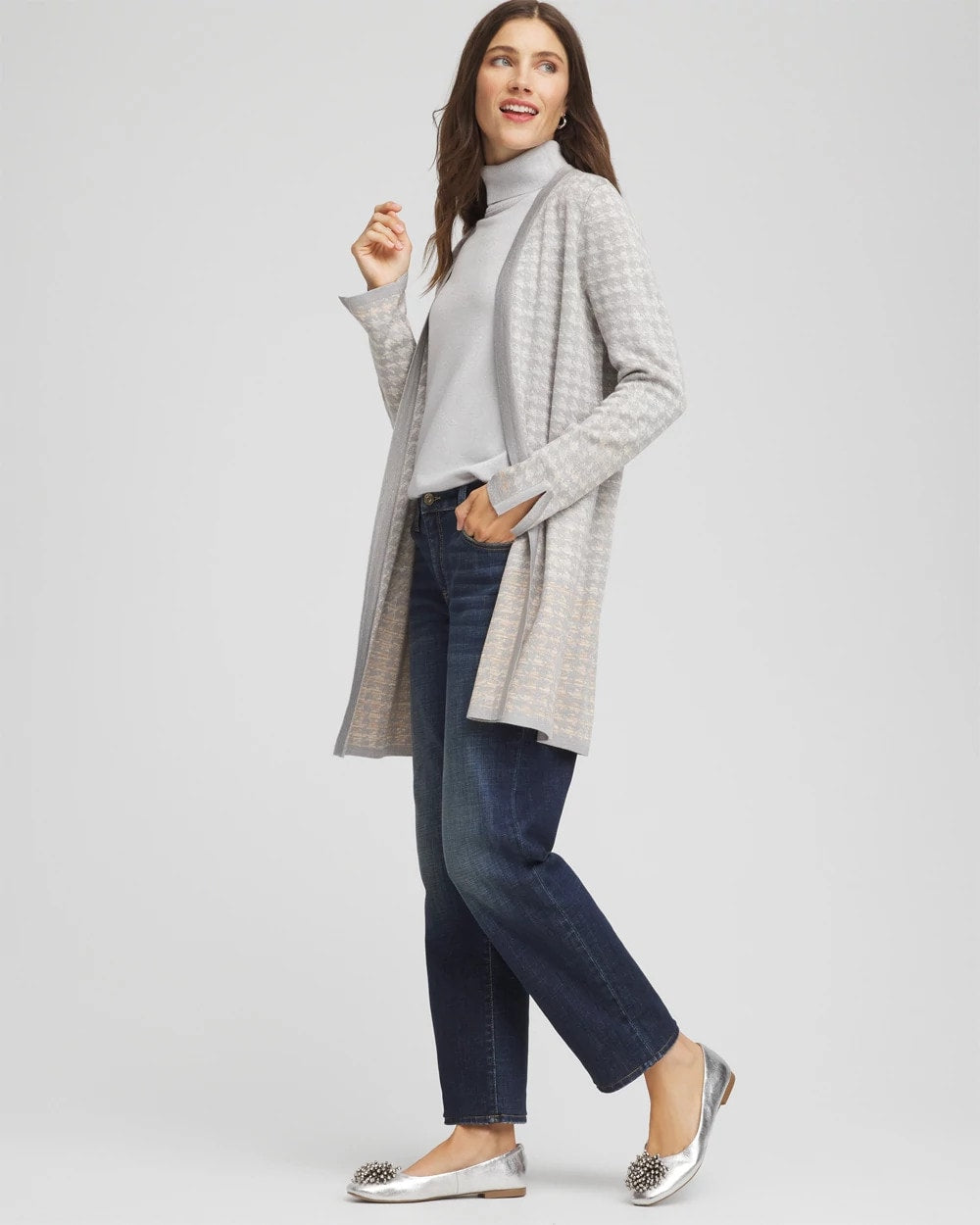Chico's Sale Gray Metallic Herringbone Cardigan