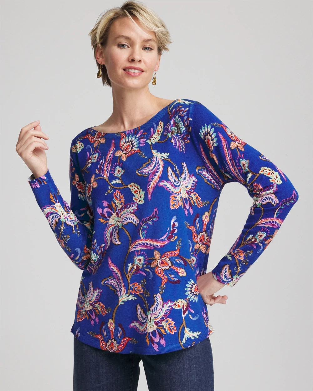 Chico's Online Cobalt Stone Ella Boatneck Printed Pullover Sweater