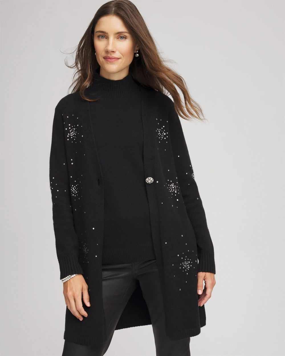 Chico's Discount Black Rhinestone Embellished Cardigan