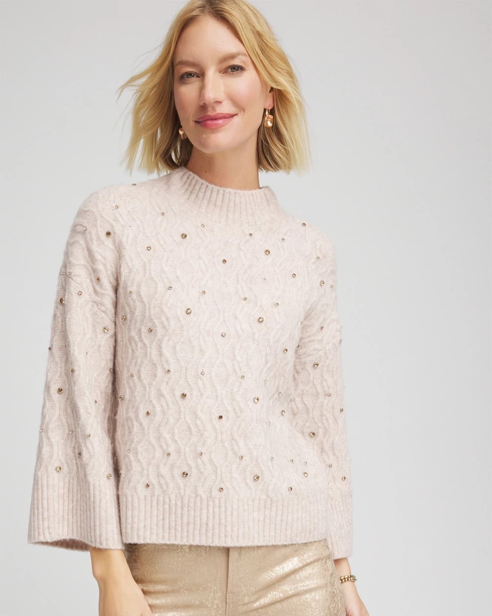 Chico's Sale Birch Bark Heather Sequined Cable Knit Sweater