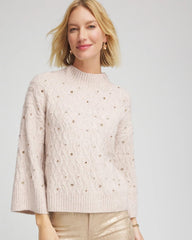 Chico's Sale Birch Bark Heather Sequined Cable Knit Sweater
