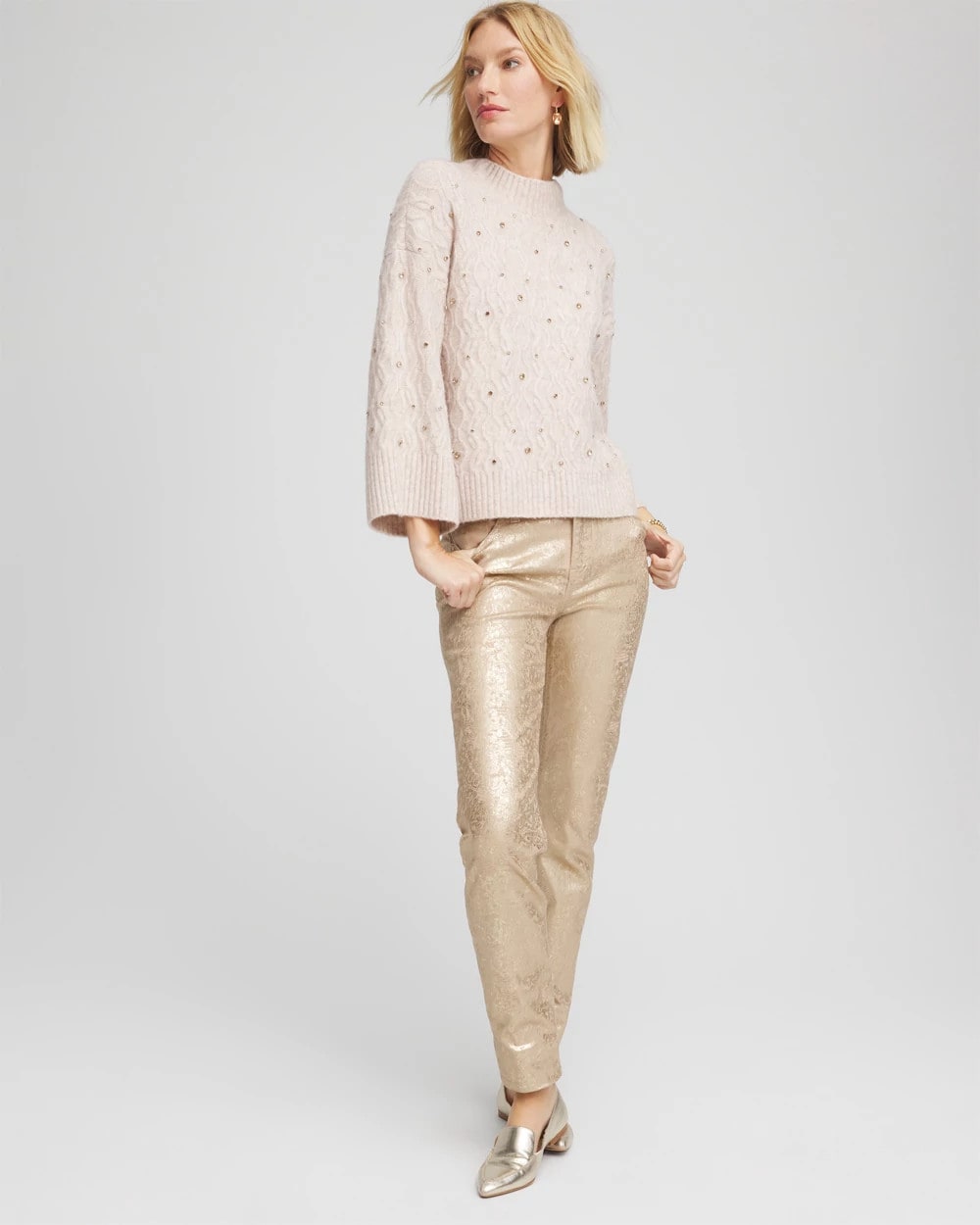 Chico's Sale Birch Bark Heather Sequined Cable Knit Sweater