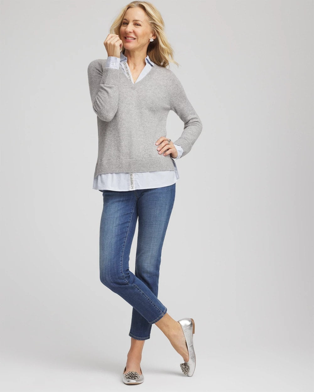 Chico's Outlet Gray Sequin Built-In Shirt Knit Sweater