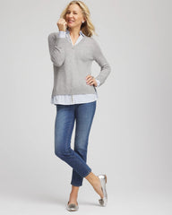 Chico's Outlet Gray Sequin Built-In Shirt Knit Sweater
