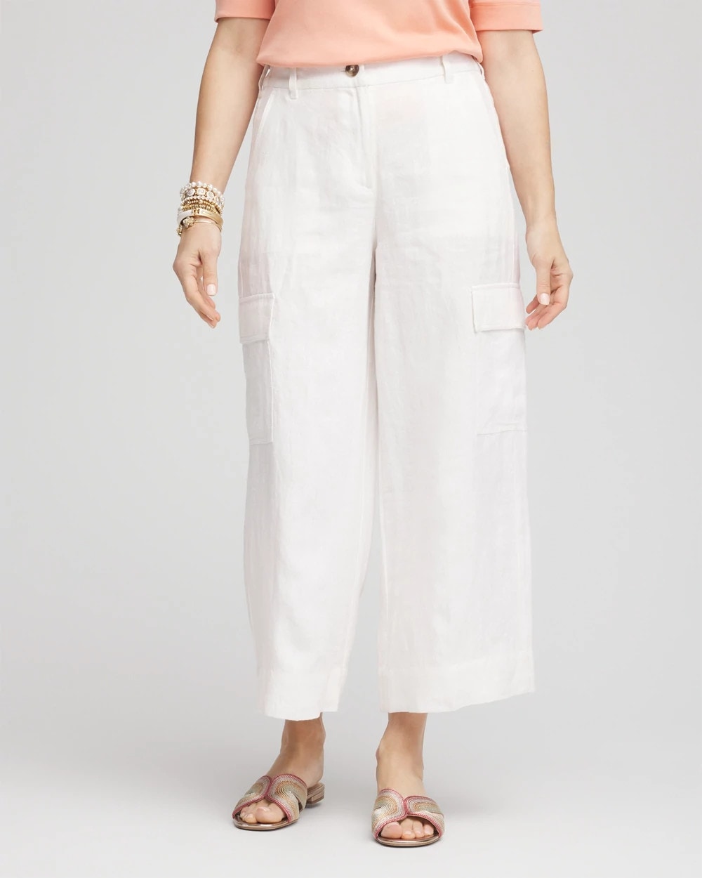 Chico's Discount Alabaster Linen Cargo Wide-Leg Cropped Pants