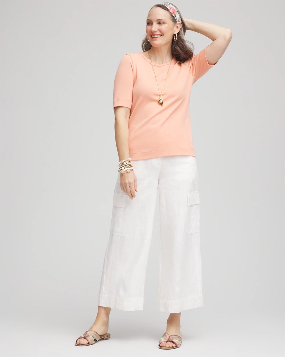 Chico's Discount Alabaster Linen Cargo Wide-Leg Cropped Pants