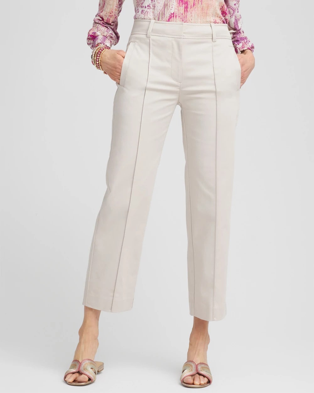 Chico's Outlet Smokey Taupe Stretch Sateen Straight Cropped Pants