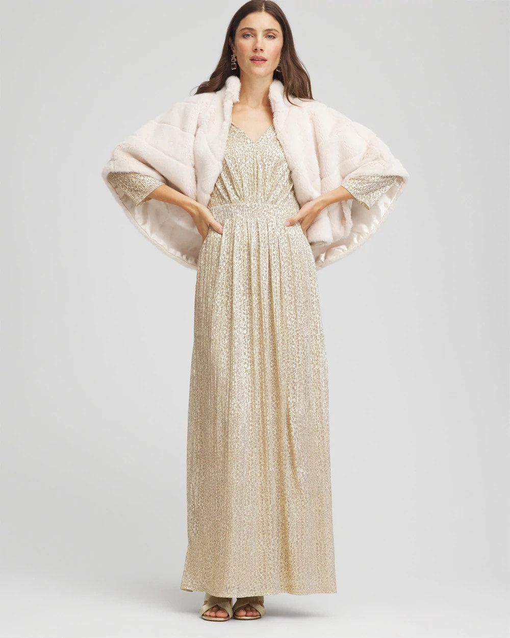 Chico's Online Gold Metallic Knit Pleated Maxi Dress