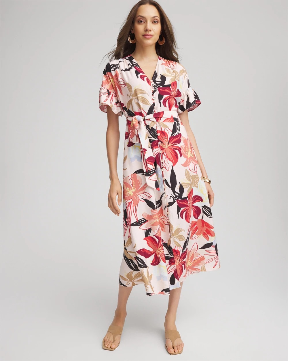 Chico's Sale Multi Tonal Floral Ruffle-Sleeved Midi Dress