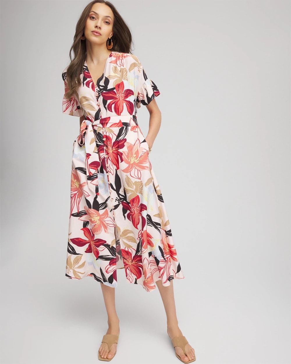 Chico's Sale Multi Tonal Floral Ruffle-Sleeved Midi Dress