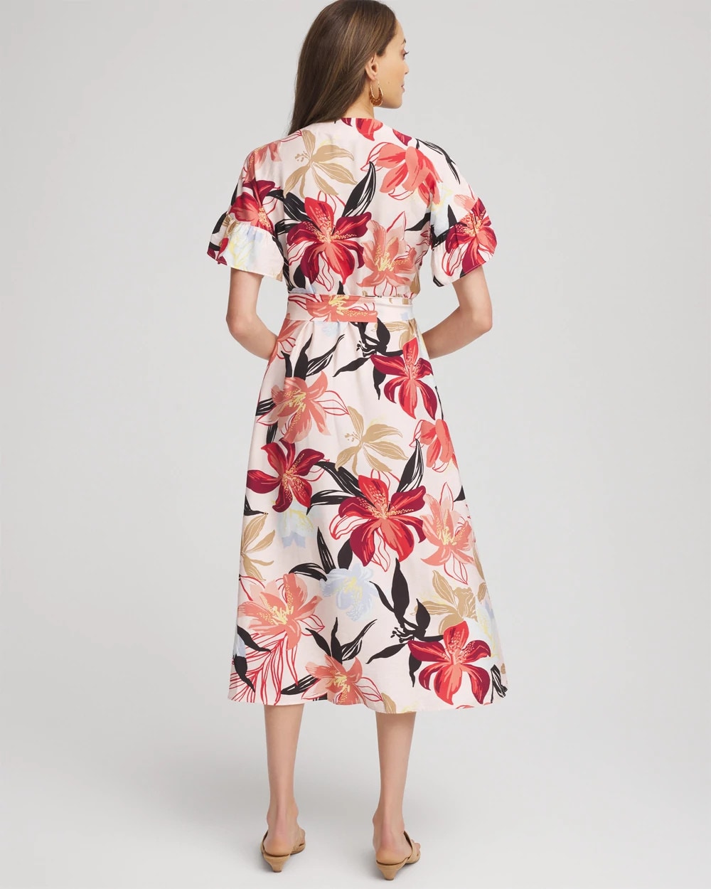 Chico's Sale Multi Tonal Floral Ruffle-Sleeved Midi Dress