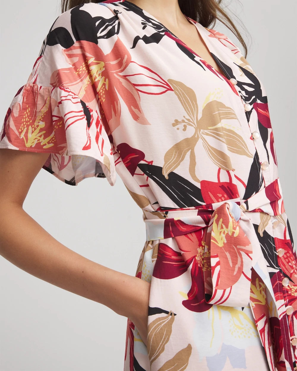 Chico's Sale Multi Tonal Floral Ruffle-Sleeved Midi Dress