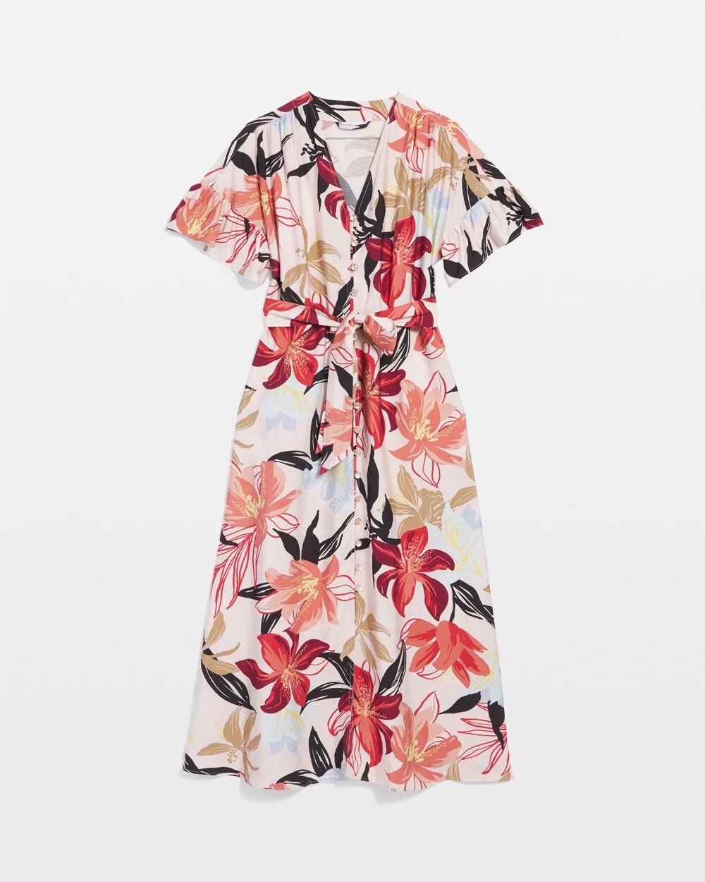 Chico's Sale Multi Tonal Floral Ruffle-Sleeved Midi Dress