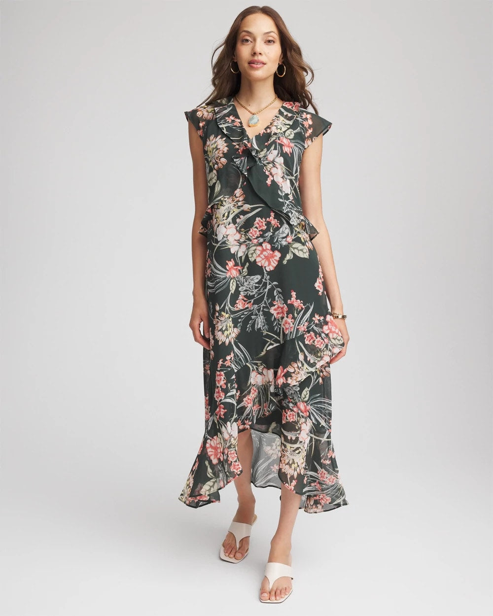 Chico's Online Darkest Spruce Floral Ruffle-Trim Chiffon Dress