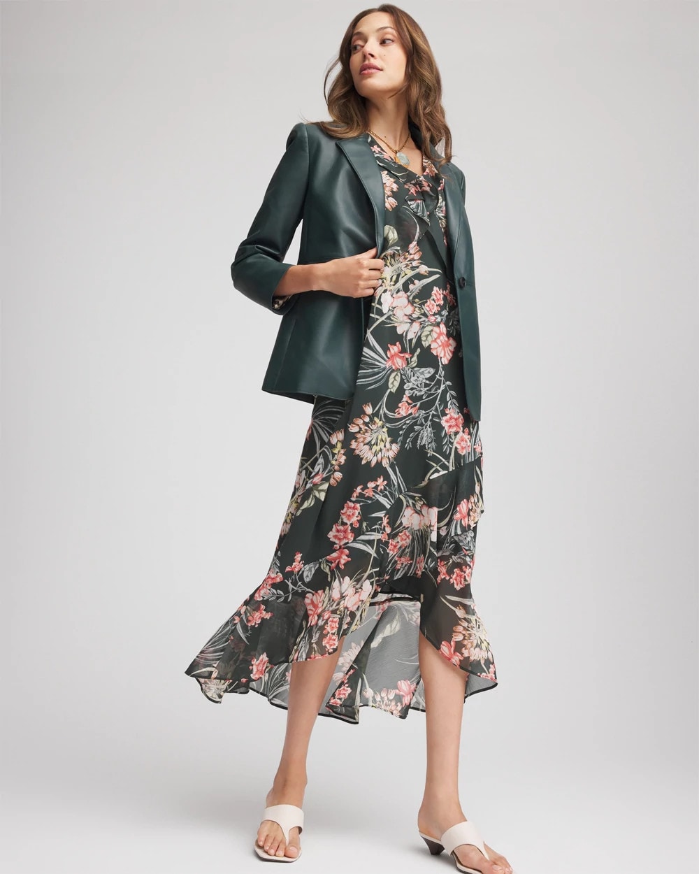 Chico's Online Darkest Spruce Floral Ruffle-Trim Chiffon Dress