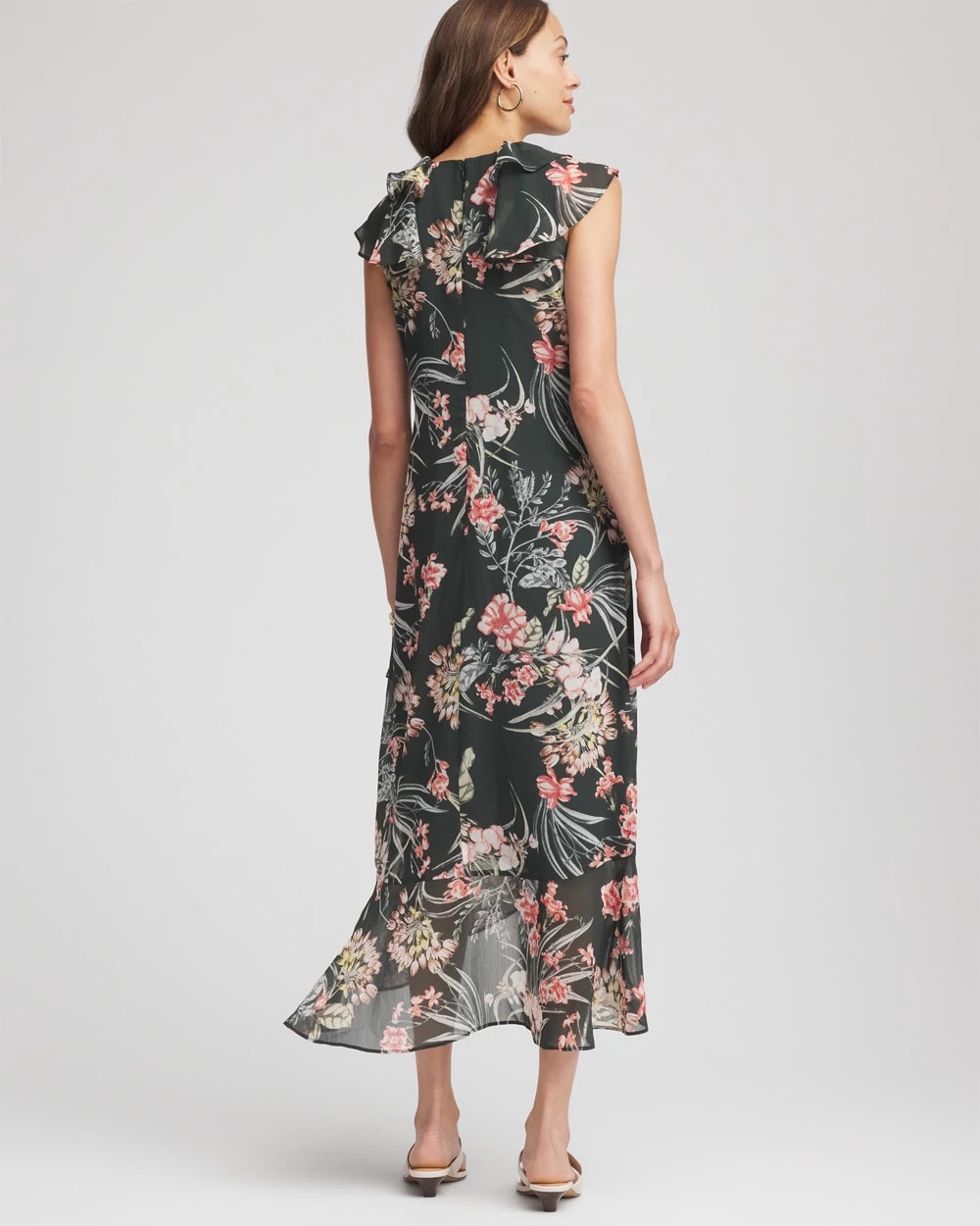 Chico's Online Darkest Spruce Floral Ruffle-Trim Chiffon Dress