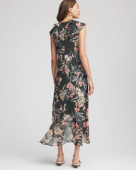 Chico's Online Darkest Spruce Floral Ruffle-Trim Chiffon Dress