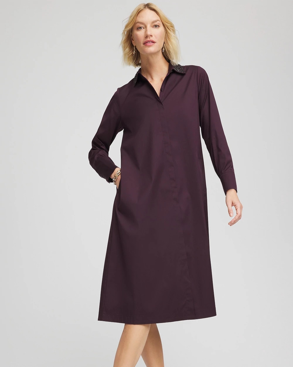 Chico's Discount Night Bloom Sequin Collar Midi Shirtdress