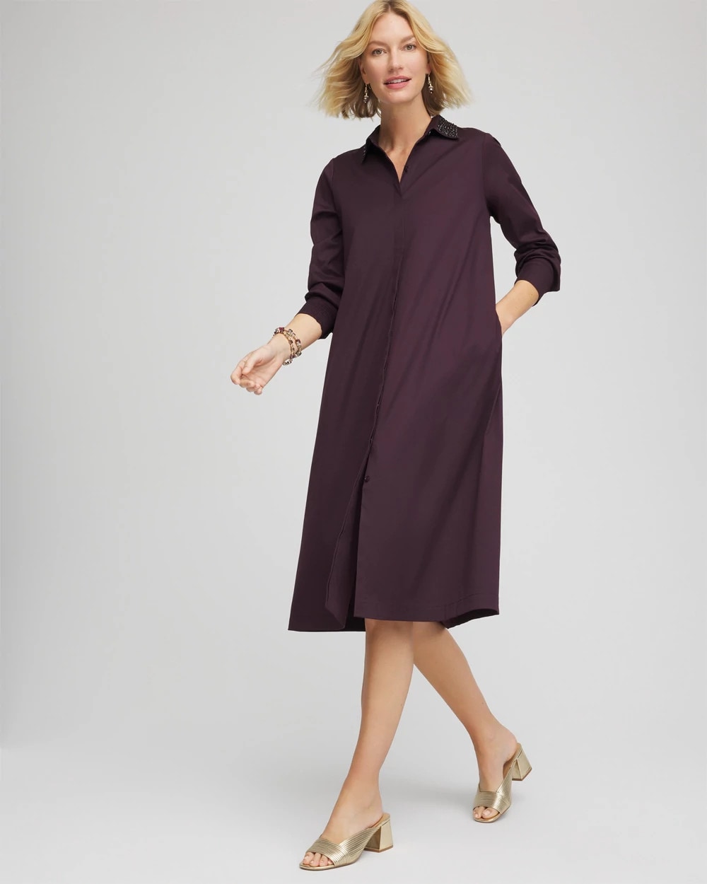 Chico's Discount Night Bloom Sequin Collar Midi Shirtdress