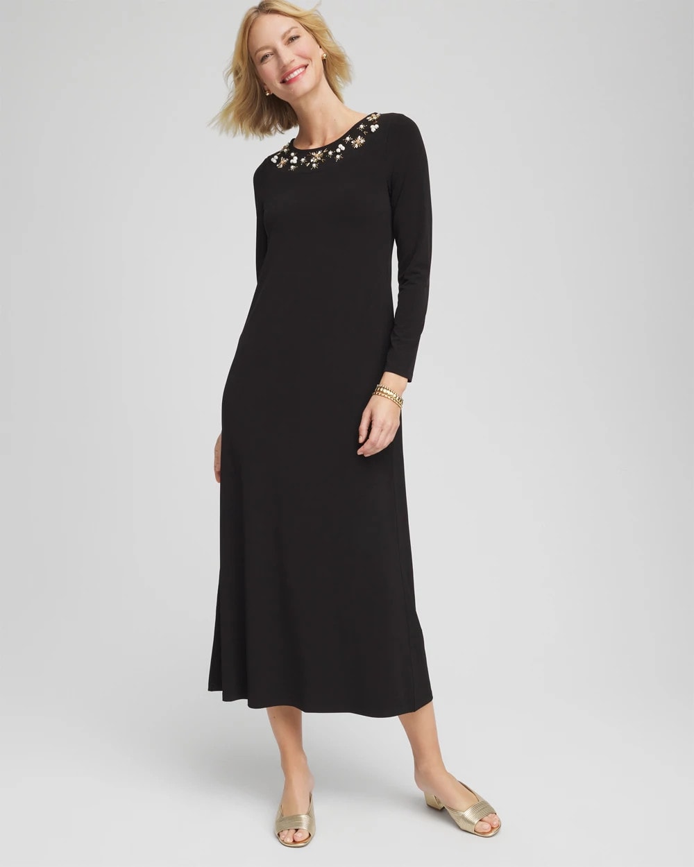 Chico's Outlet Black Embellished Column Maxi Dress