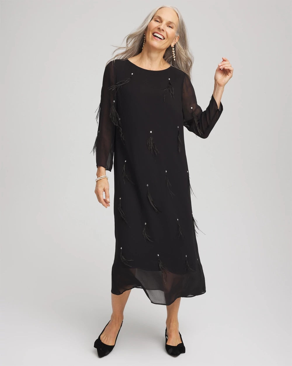 Chico's On Sale Black Feathered Georgette Popover Dress