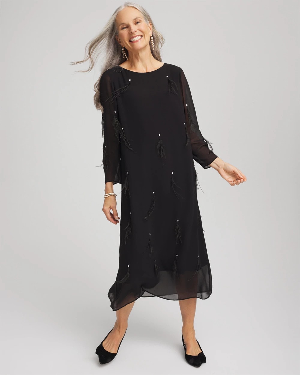 Chico's On Sale Black Feathered Georgette Popover Dress