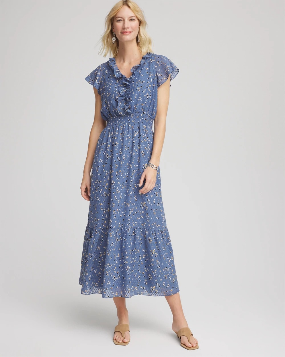 Chico's Online Blue Lotus Textured Ruffled-Placket Maxi Dress