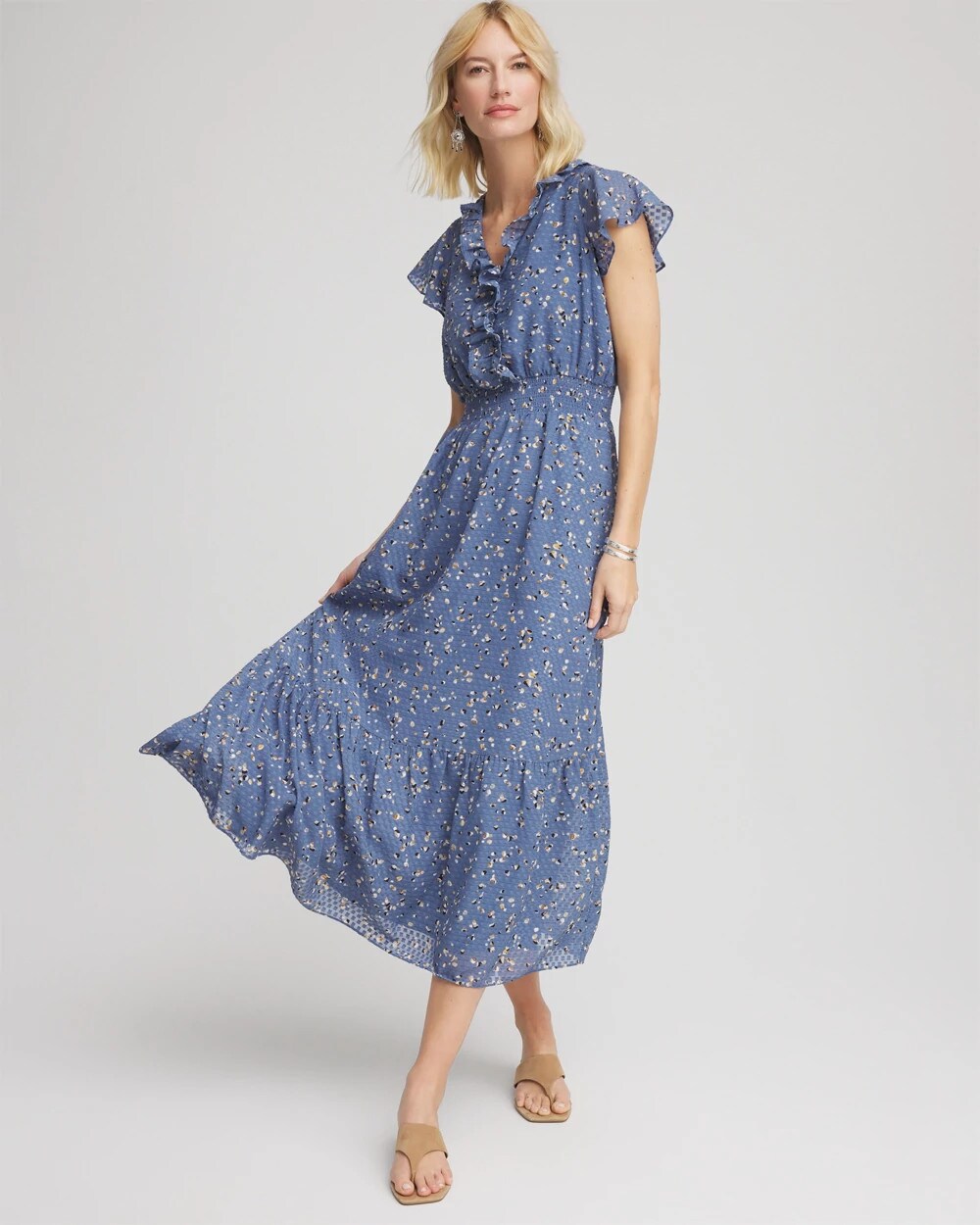 Chico's Online Blue Lotus Textured Ruffled-Placket Maxi Dress