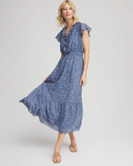 Chico's Online Blue Lotus Textured Ruffled-Placket Maxi Dress